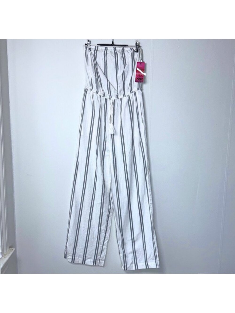 NWT Nautical Striped Strapless Wide Leg Jumpsuit Cotton Linen Blend Medium Chic - Picture 13 of 13